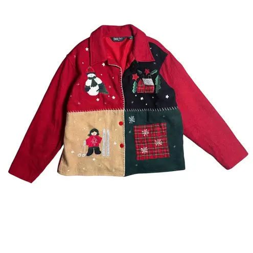 Vintage TAKE TWO Wool Christmas Patchwork Jacket – Snowman Ski Appliqué – Size M Red Size M