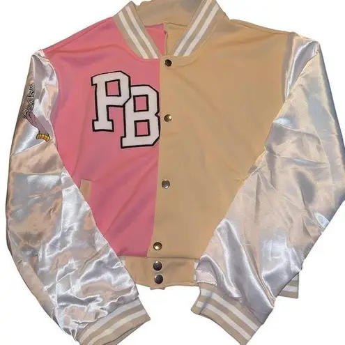 NWOT Women’s Varsity Jacket Pink Tan Decal On Sleeve Size 2XL Satin Sleeves