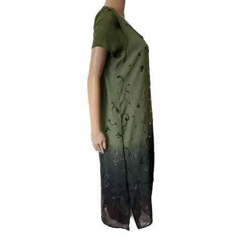 Erika Brooke Vintage 70s Earthy Hippie Witchy Floral Semi Opaque Midi Dress Set Green Size M