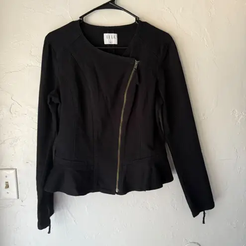 Elle Black Moto Jacket L Peplum Hem Full Zip Long Sleeve Casual Grunge
