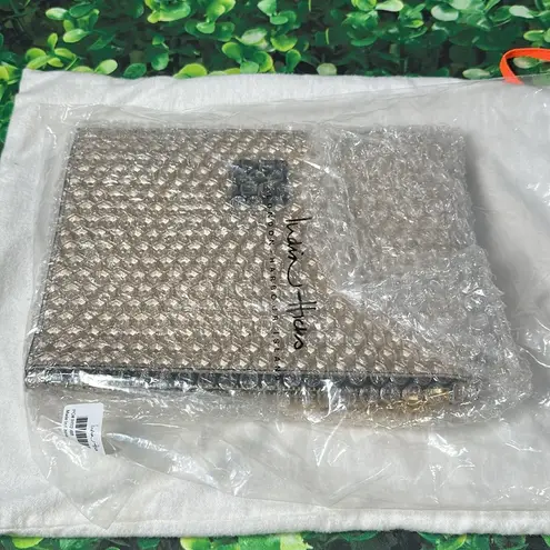 India Hicks Moonlight Metallic Gold Black Leather Clutch Wristlet NEW