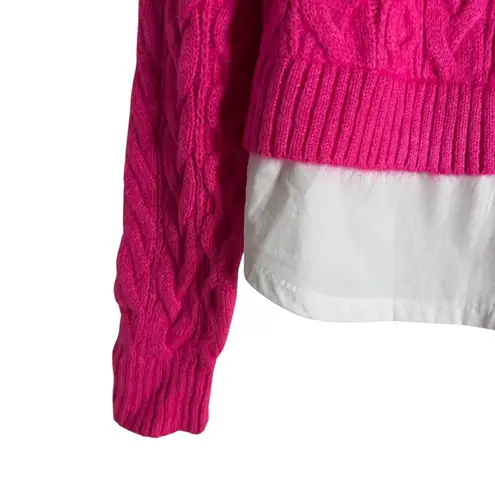 Maeve by Anthropologie Cable-Knit Layered Pullover Sweater Hot Pink White Small