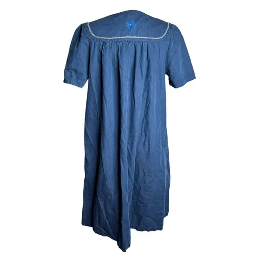 Go Softly Patio Blue Embroidered Denim Dress Small Zip Front Short Sleeves
