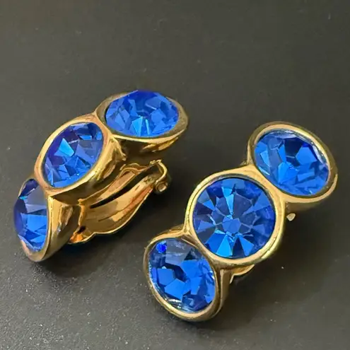 Swavorski Vintage SAL Swarovski Cobalt Blue Bezel Crystal GoldTone Huggie Clip On Earrings