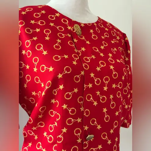 Vintage ‘90s Red & Gold Star Print Half Sleeve Button Front Blouse Size M