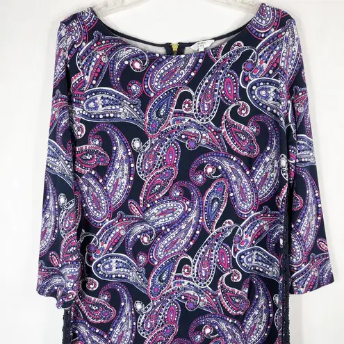 Crown & Ivy Crown Ivy Medium Dress Purple Paisley Shift Tunic Crochet Sides Mini Blue 204