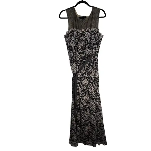 Alex Evenings Petite Black Gold Lace Overlay Evening Gown Belted Maxi Dress 16P