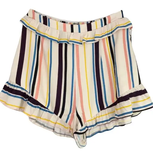 Lost + Wander New Colorful Striped Shorts Ruffle Trim Ivory Multi