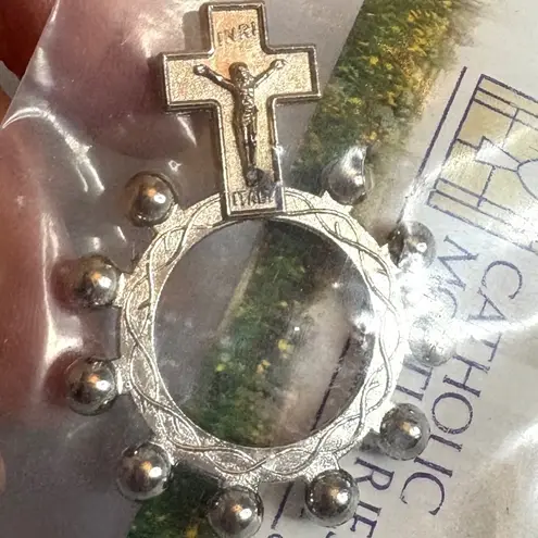 Religious Catholic Mortuaries Finger Rosary Ring Cross Italy INRI Jesus Silver