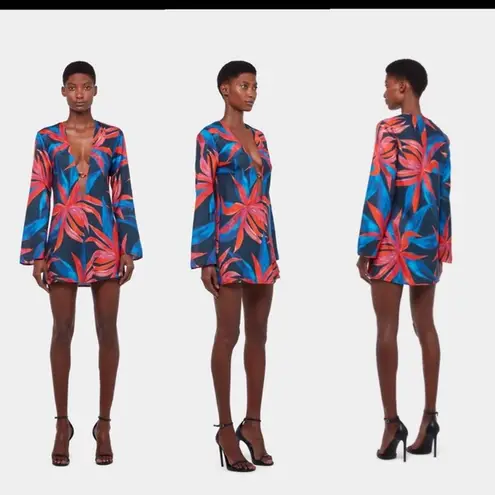 Louisa Ballou Mini Ring Caftan Long Sleeve Swim Cover Large Blue Red *TINY FLAW*