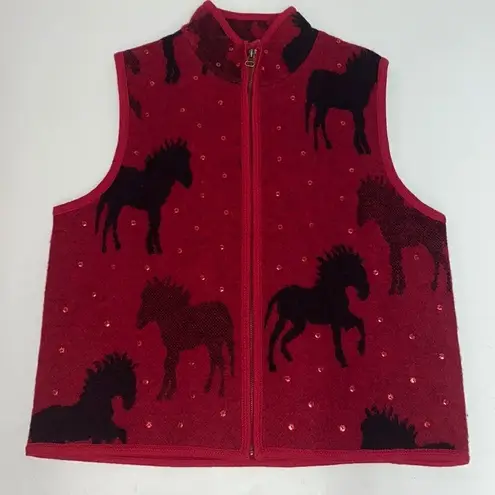 Tally Ho Wool Horse Zip Up Vest Size X Large Red