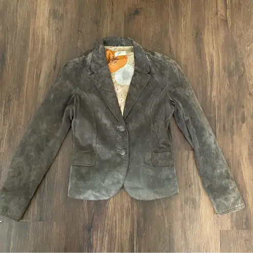 June Leather Suede Blazer Jacket Brown Silk Chiffon Lining M Brown Size M