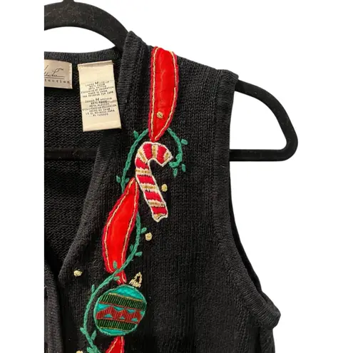 Vintage 90's Ugly Christmas Vest Size Medium Knit Holly Candy Cane Beads Holiday Black