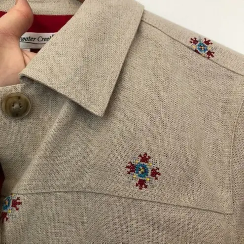 Coldwater Creek Beige Tan Red Blue Cross Stitch Linen Etc Shacket Jacket Medium