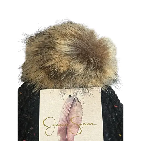 Jessica Simpson  Beanie Hat Womens OS Black Knit Speckled Faux Fur Pom Pom NEW