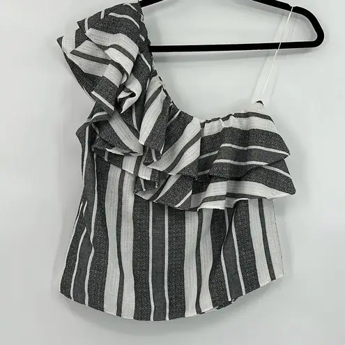 MISA Los Angeles Gray White Klea Stripe Ruffled One Shoulder Cotton Top Medium