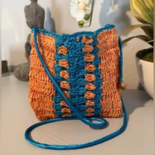 Free People  Heatwave Crossbody Cinch Bag Woven Straw Turquoise Combo