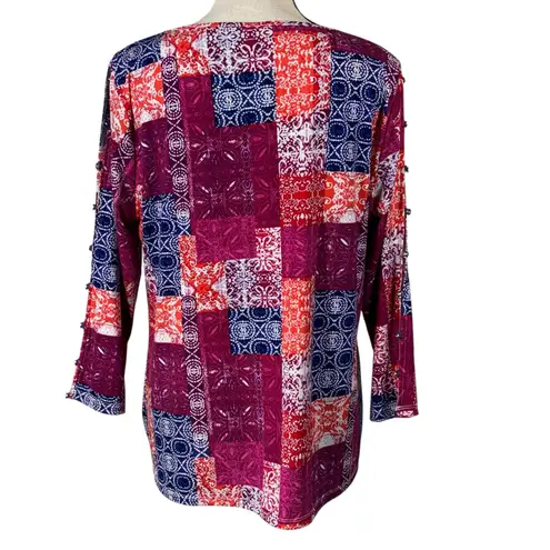 Investments Large Top Abstract Stretch 3/4 Keyhole Sleeves Round Neck Multicolor
