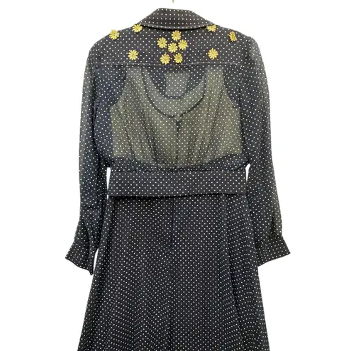 Vintage 70s Women's Navy Polka Dot Maxi Dress and Bolero Set Floral Embroidery M Blue Size M