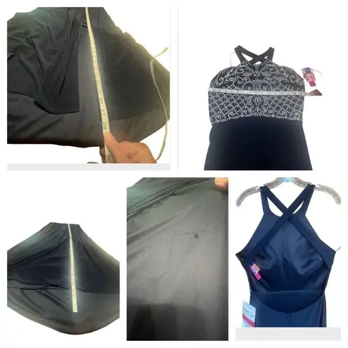 Morgan & Co Strapy Open Criss Cross Back Maxi Gown Dress Sz 7/8 Navy/White NWT Blue