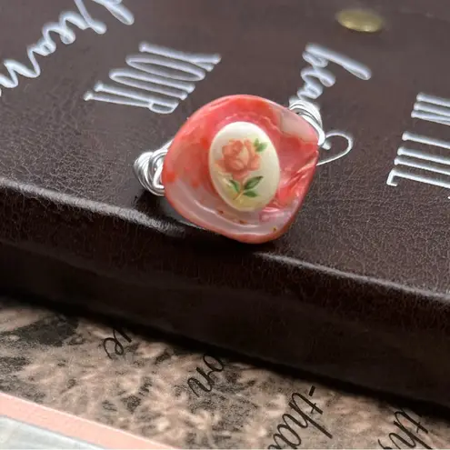 Handcrafted Wire Wrapped Pink Rose Cameo Pink Shell Ring Size 6.5