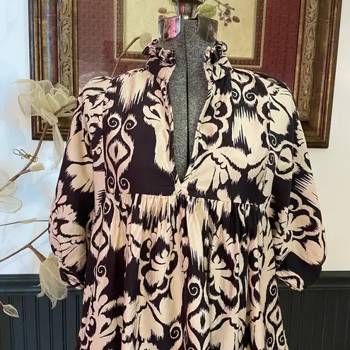 Never A Wallflower Ruffle Neck Damask Babydoll Cotton Mini Dress