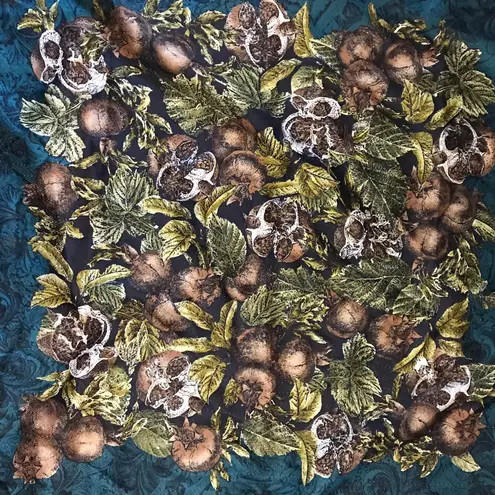 Vintage Scarf Fruit Pomegranate Floral Green Brown Square Christmas