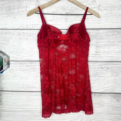 Jesebel Sheer Red Floral Lace Bustier Bra Top Chemise Slip Lingerie Size Large