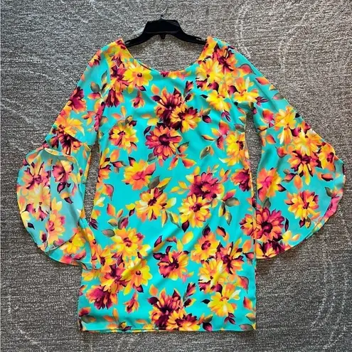 Pink Owl Womens Retro Dress Size Small Hippie Vibrant Floral Dress Flared Sleeves Teal