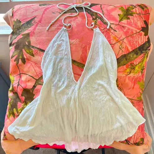 y2k vintage 2000s white halter ring flowy v neck open back beach cami / cover up