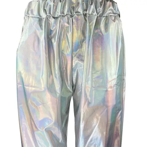 Women's Silver Metallic Irredescent Glossy Tapered High Waist Jogger Pants Sz L Size L