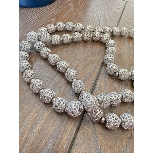 Monet Silvertone Filigree Metal Bead Double Strand Choker Necklace Adjustable Silver