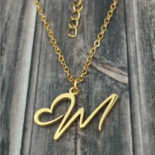Letter M Cursive Heart Initial Necklace Gold