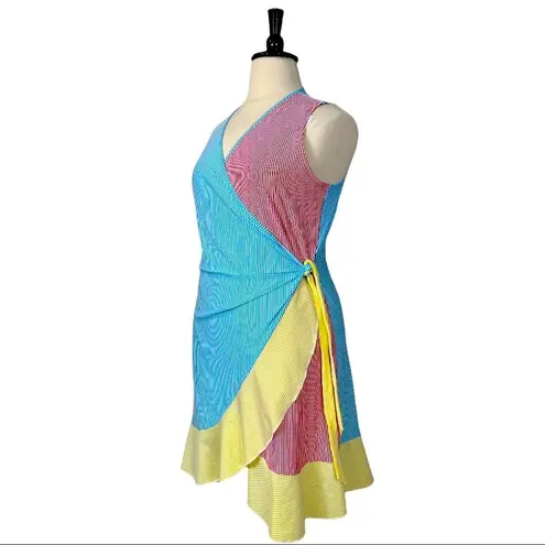 Lands’ End New. Women's Dress Blue Red Yellow Stripe Seersucker Wrap Size XL