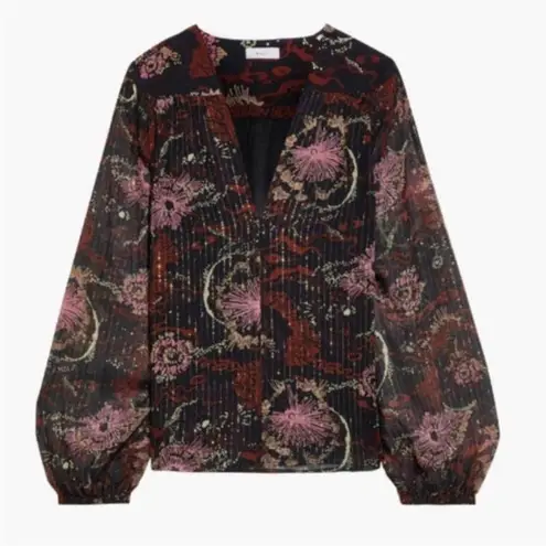 A.L.C. Silk Mac Tunic Top Brown Sheer Floral Print Balloon Sleeve Size 8 Black