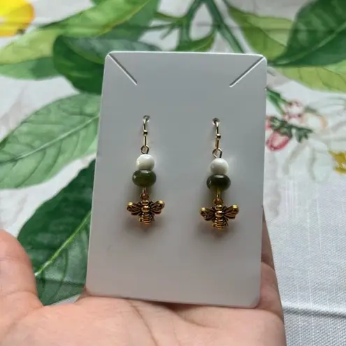 Bee Earrings, Mother of Pearl & Forest Army Olive Moss Green Jade, Spring, Fun