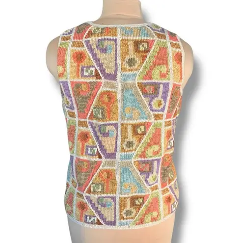 Peruvian Connection Pima Cotton Knit Sweater Vest Geometric Artsy Oatmeal Vneck