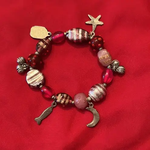 Red silver & pink beads with silver bells moon star fish square adornments EUC