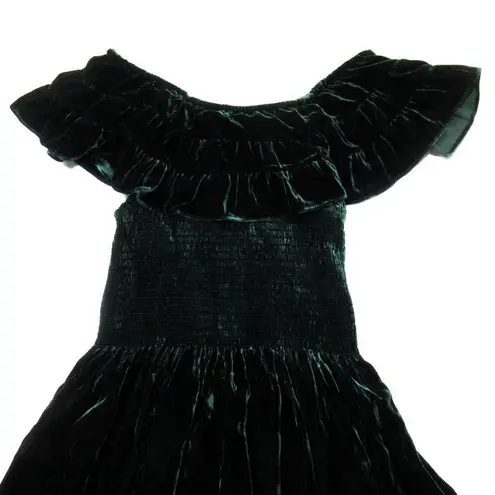Hill House NWT Akilah Nap Dress in Emerald Velvet Smocked Midi Ruffle XS