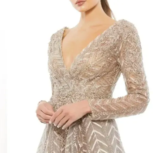 Mac Duggal New! - Embellished Illusion Long Sleeve Taupe A-line Gown
