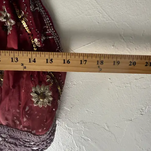 Handmade Sequin Beaded Festival Top Crochet Trim Sleeveless Tie Back Blouse Red