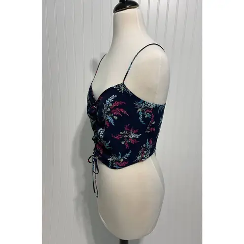 Likely Alias Floral Print Ruched Crop Top Tank Top Cerulean Blue Detail Large