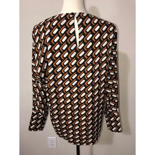 Mango  Size 4 Romi Geometric Print Blouse Long Sleeve Black Brown Shirt Top MNG