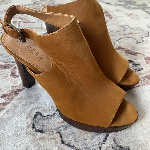 Ralph Lauren Platform Heels Sling back Peep toe Brown Leather Heels 9.5 NEW Tan