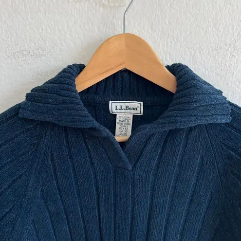 L.L.Bean  Vintage 90s Blue Teal Collar Knit Cotton Lambswool Sweater Womens XS