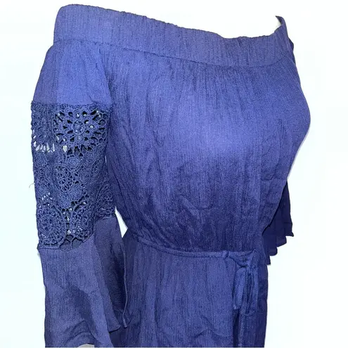 Blush HINT OF  Navy Blue Floral Crochet Off The Shoulder Romper Small NWT