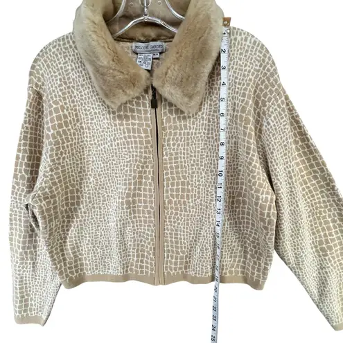 Melody Garden Sweater Jacket M Tan Animal Print Faux Fur Zip Retro Mob Wife Vtg Size M