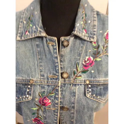Vintage Bill Bass sleeveless vest Button up Floral Embroidered M Rhinestone Blue Size M