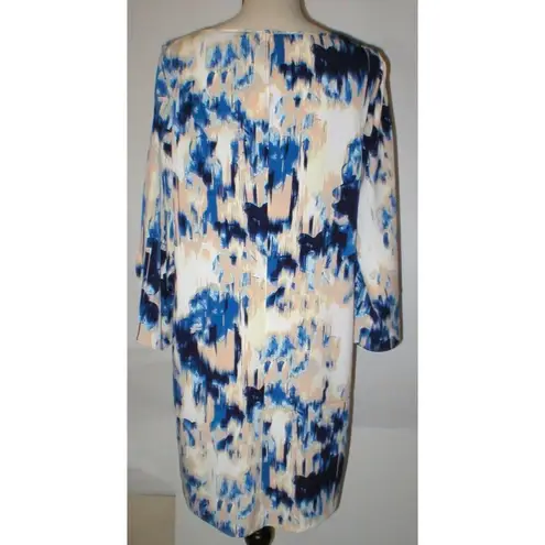 NYDJ Womens 10 NWT $145 Mosaic Shift Dress Blue Peach White Slit Sleeves Silky