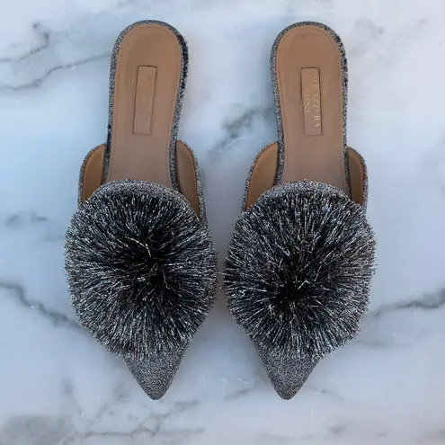 Aquazzura Powder Puff Pompom metallic silver lurex flat mules slippers size 36